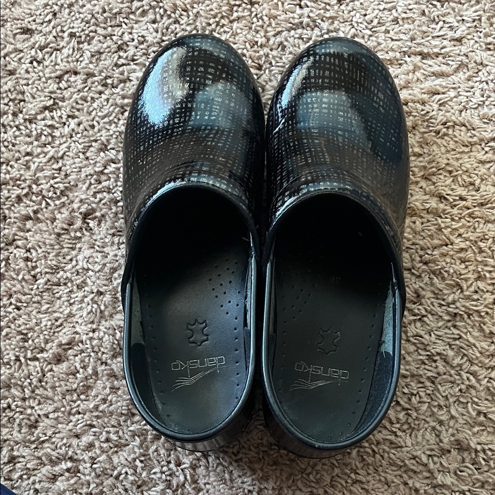 Dansko Patterned Black and Gray Clogs